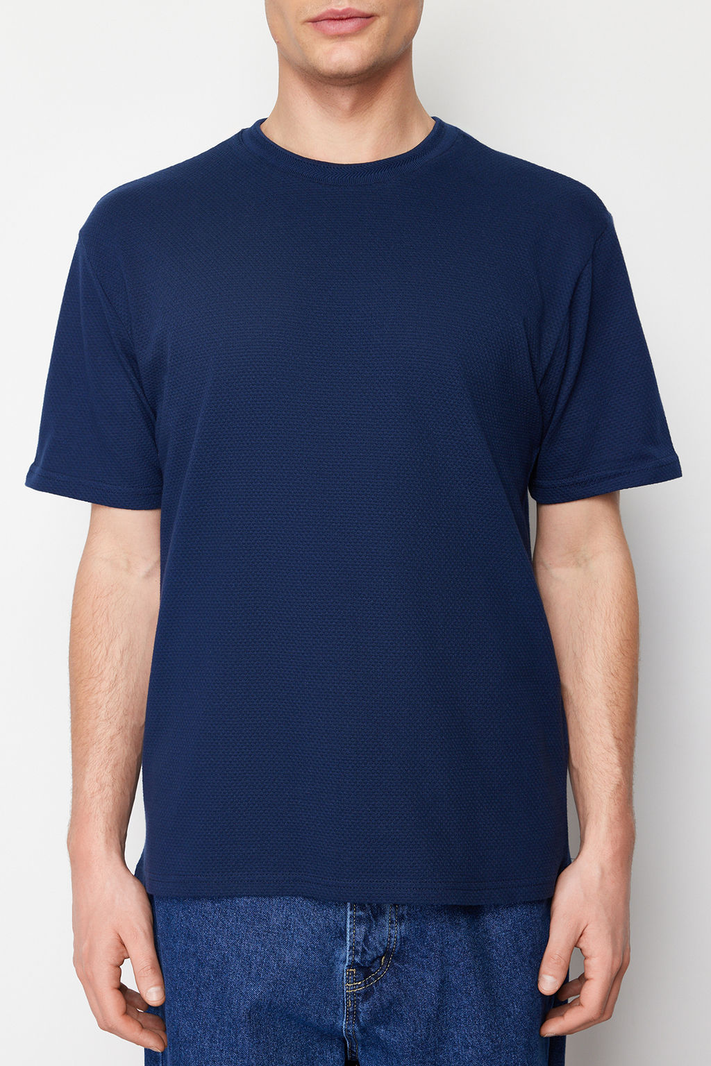 Lacivert Oversize/Genis Kesim %100 Pamuklu Triko Dokulu T-Shirt TMNSS24TS00157