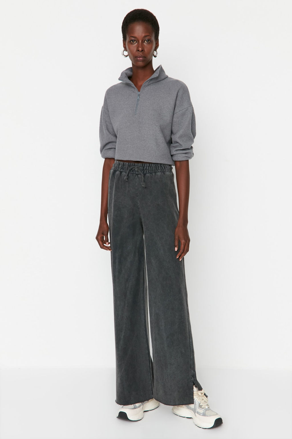 Antrasit Soluk Efektli Wide Leg/Genis Paca Normal Bel Ince Orme Esofman Alt? Pantolon TWOAW22EA0426 - Trendyolmilla фото 3