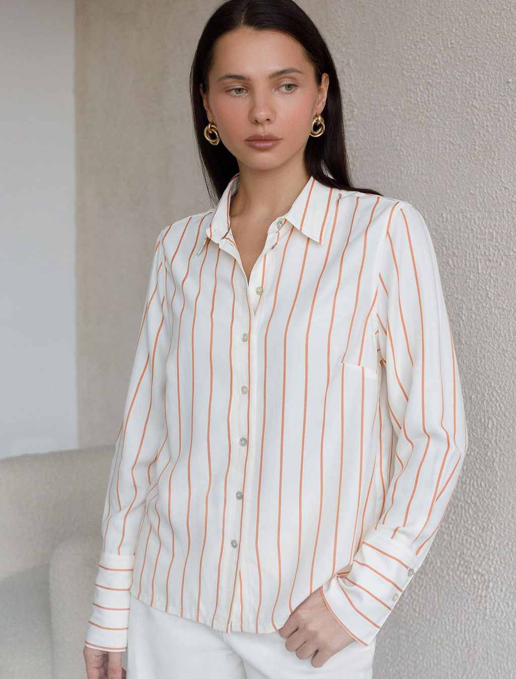 Блузка свободного силуэта в тонкую полоску из эластичного хлопка - Vilatte фото 6
