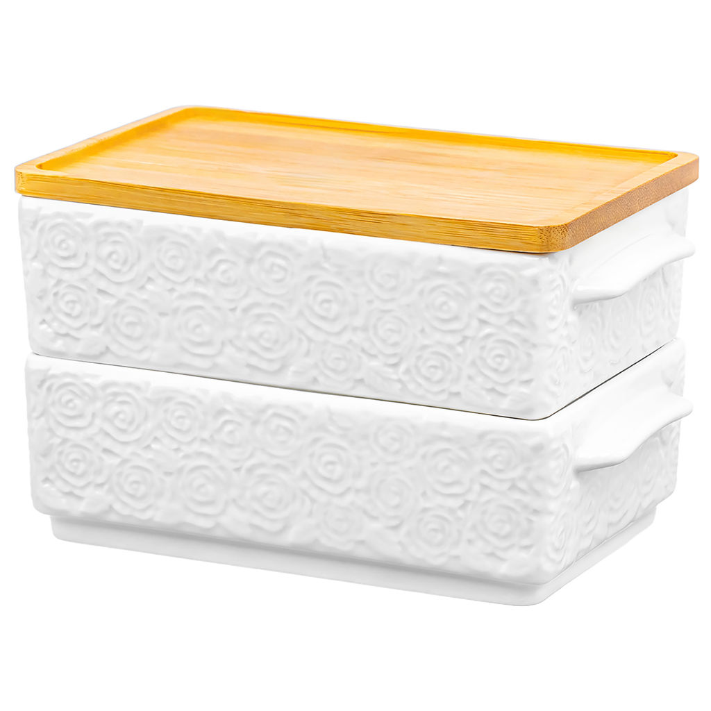 Набор блюд д/холодца 2 пр. 1,6 л 20,5*12*12 см "Розы" с бамбуковой крышкой, фарфор