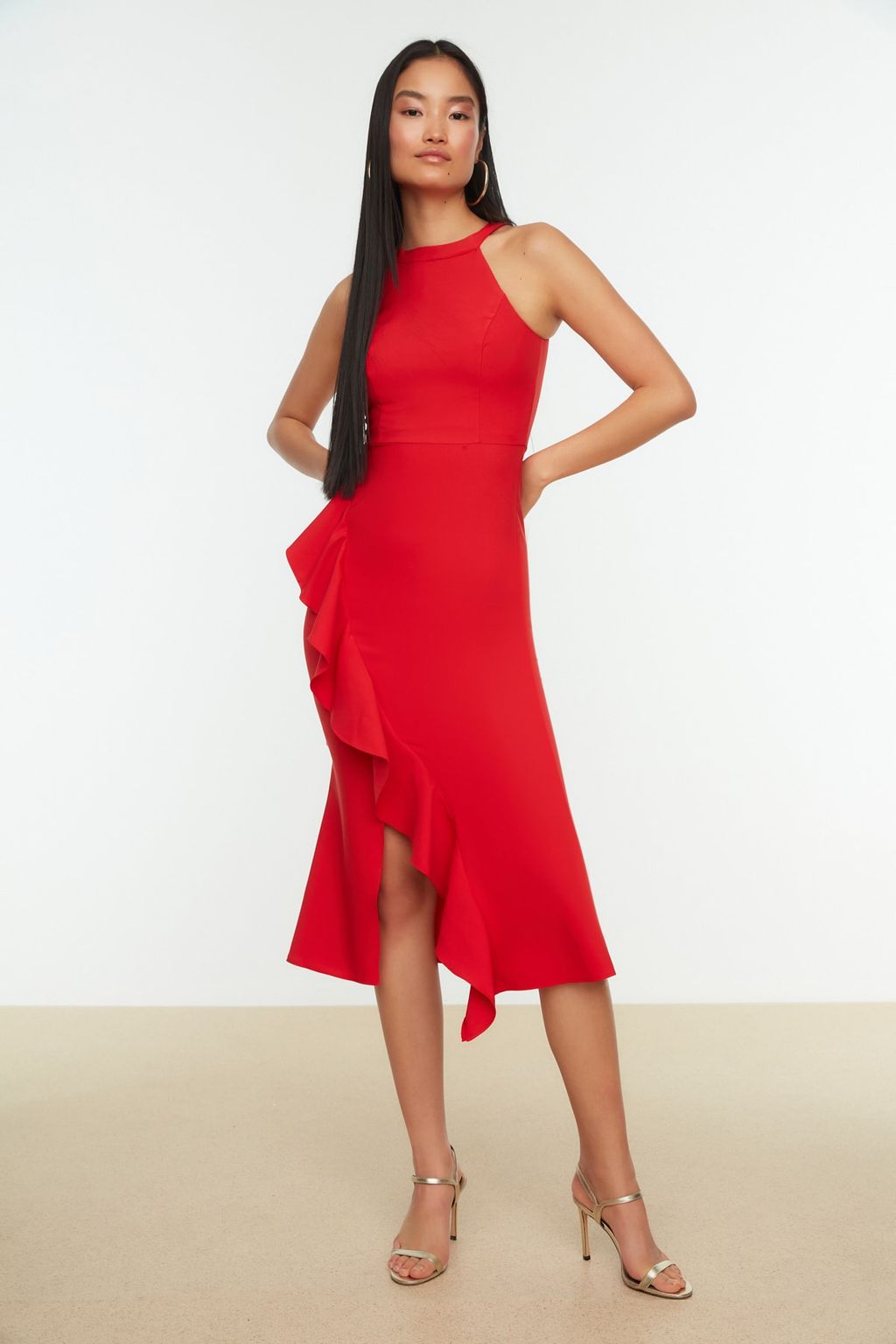 TRENDYOLMILLA Siyah Astarl? Volanl? Dokuma S?k Abiye Elbise TPRAW19BB0144 фото 2