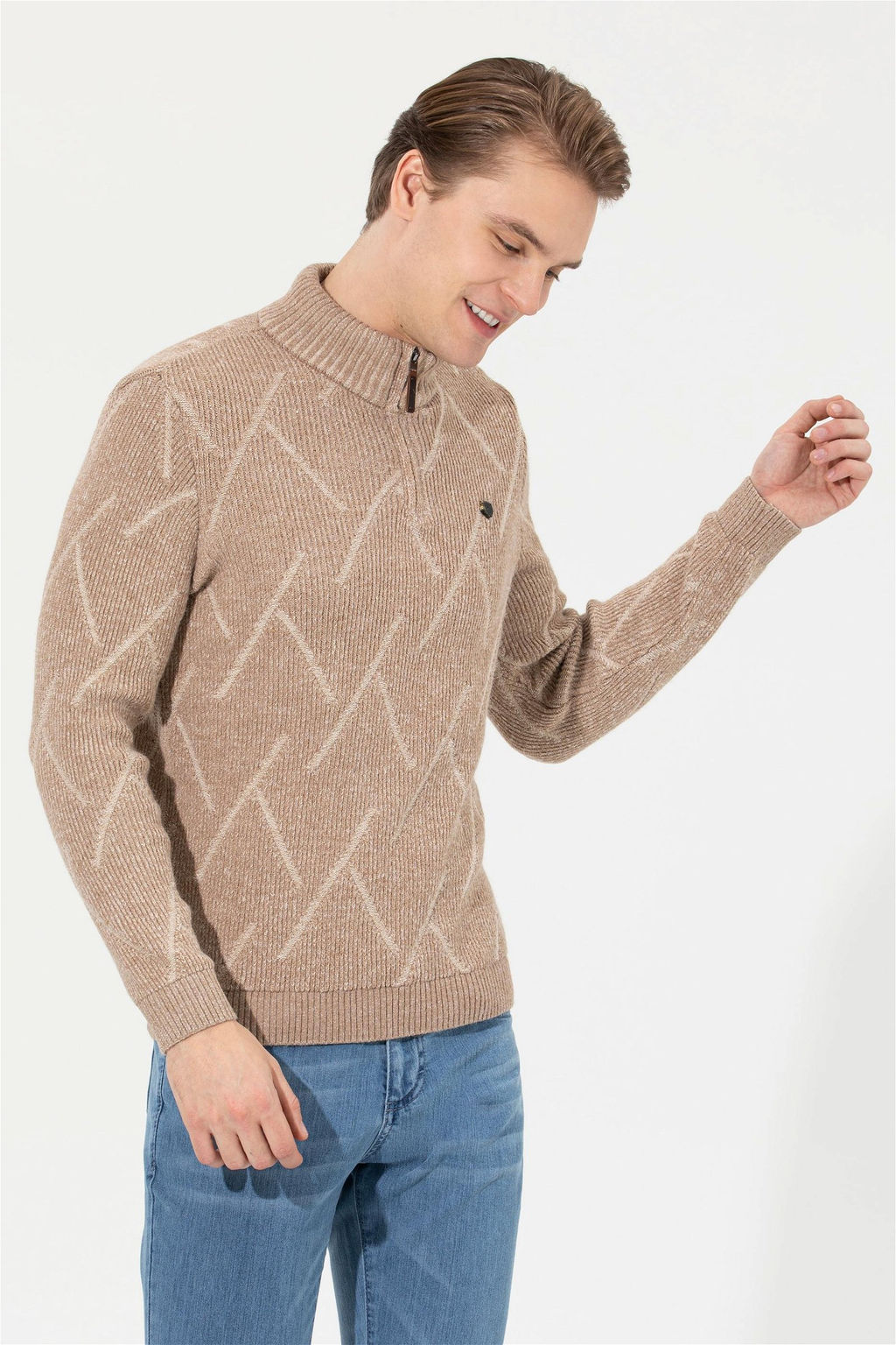 U. S. Polo Assn Мужской светло-коричневый меланжевый трикотажный свитер с высоким воротником - U.s. polo assn фото 8