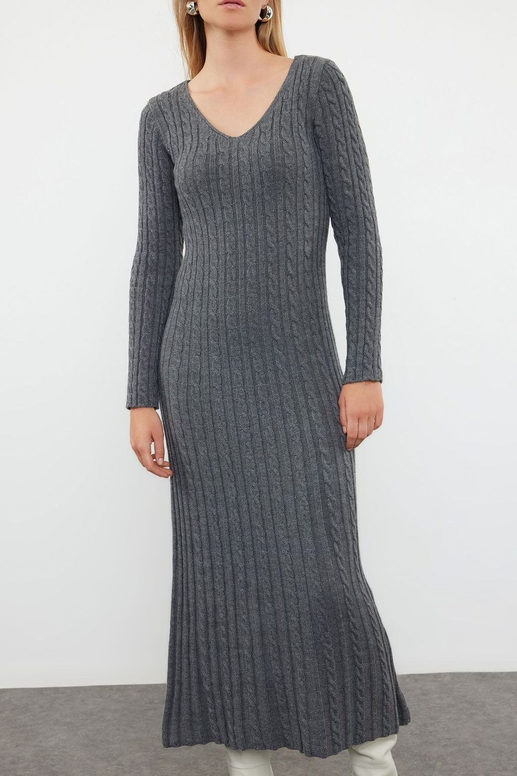 Trendyolmilla Antrasit Maxi Triko Sac Orgu Basic Elbise TWOAW25EL00003  фото 3