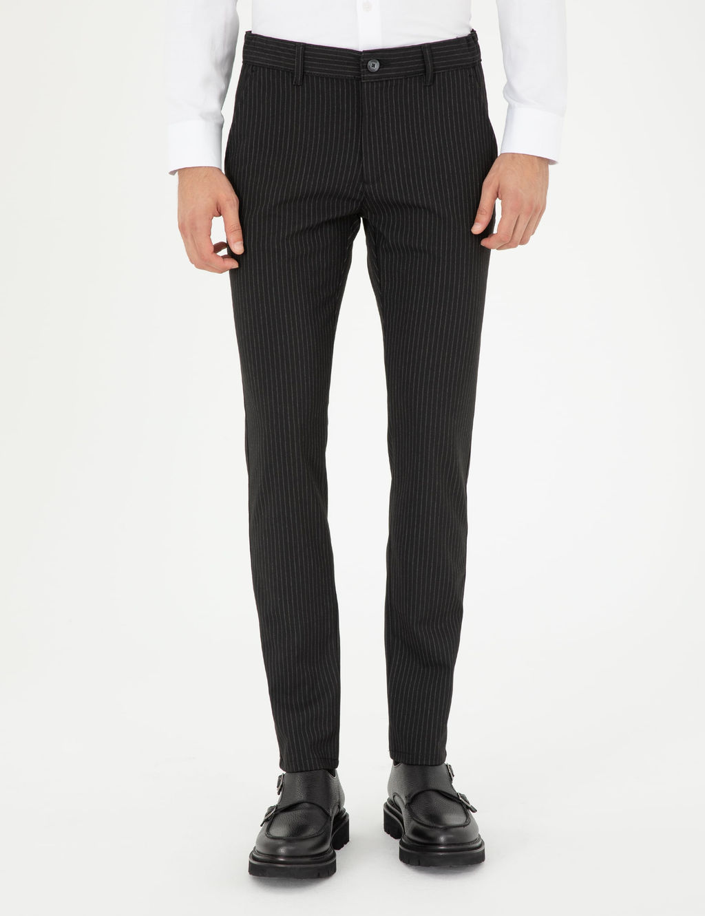 Siyah Slim Fit _izgili Kanvas Pantolon