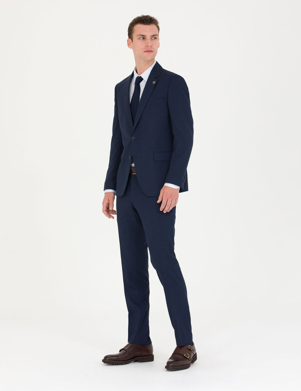Kareli Lacivert Slim Fit Tak_m Elbise