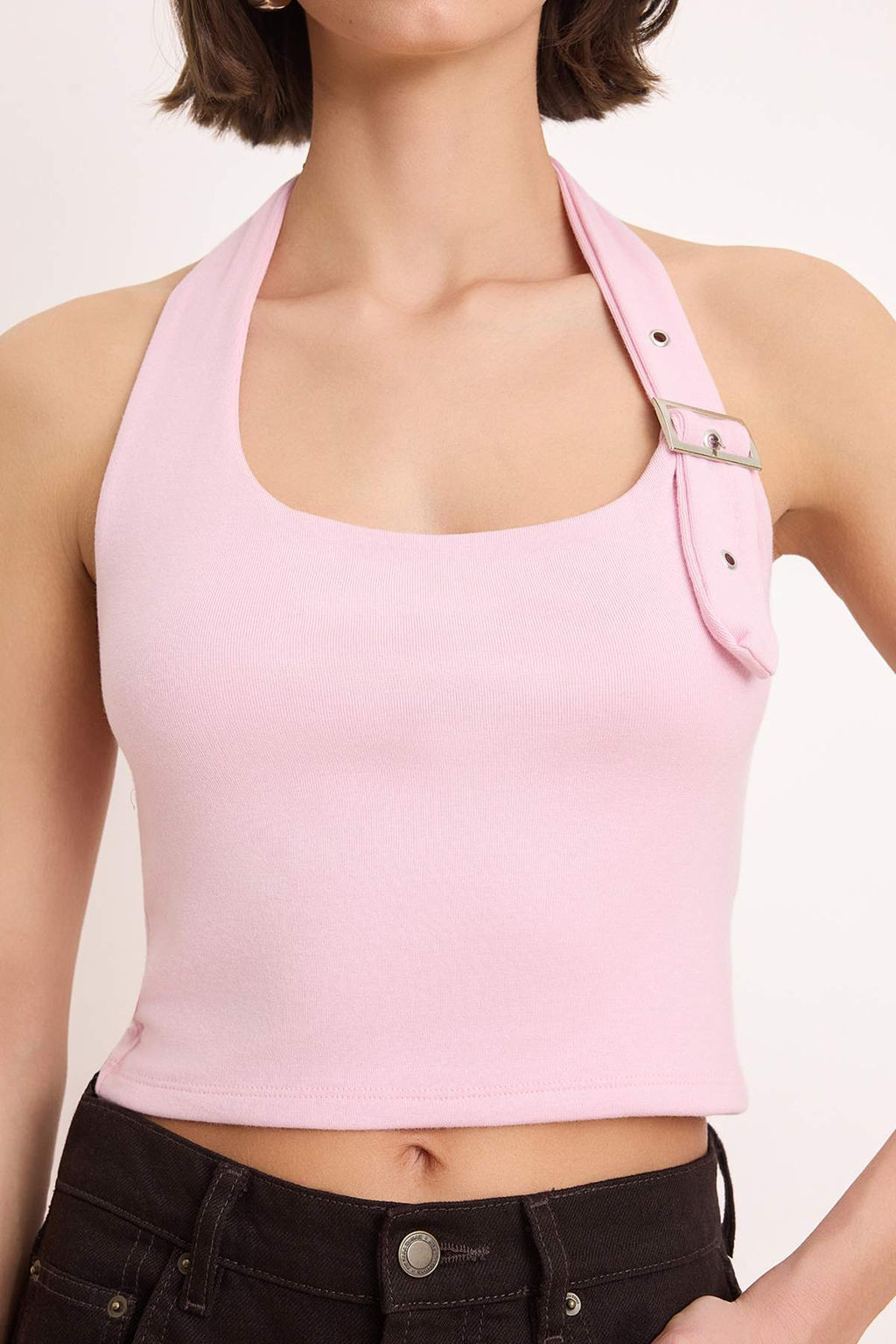 Pembe Boyundan Baglamal? Kemer Detayl? Fitted/Vucuda Oturan Orme Bluz TWOSS24BZ00580