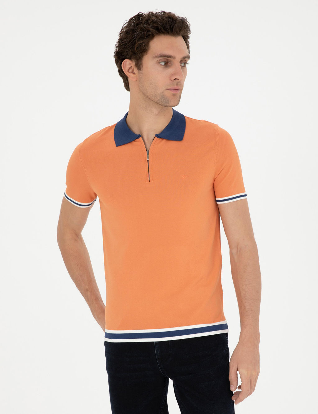 Turuncu Slim Fit Fermuarl_ Polo Yaka Triko T-shirt