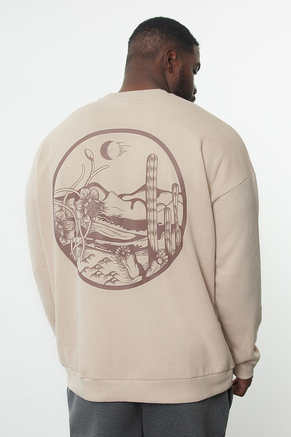 Bej B_y_k Beden Bisiklet Yaka Oversize/Geni_ Kesim S_rt Bask_l_ __i Polar Sweatshirt TMNAW24AO00004