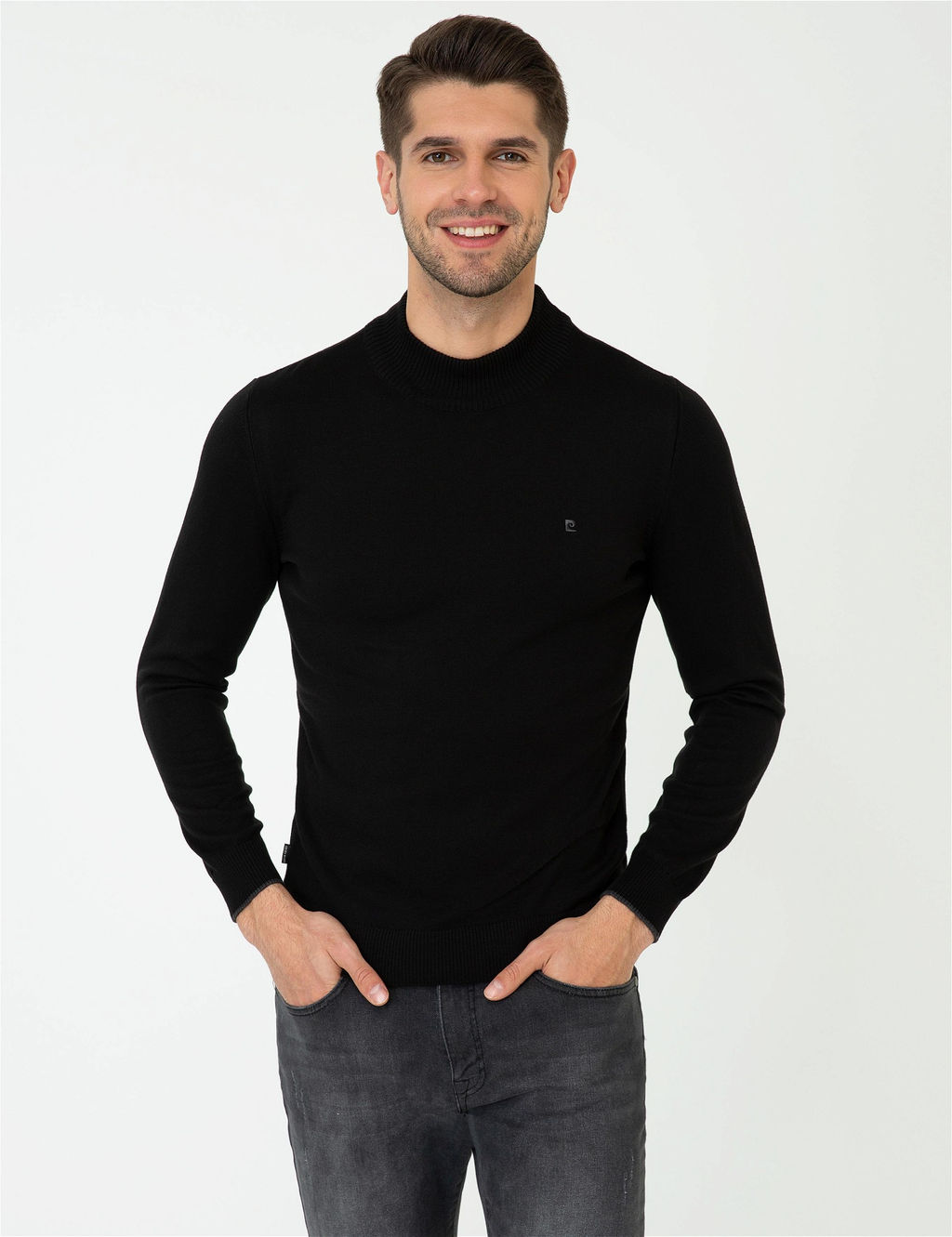 Siyah Slim Fit Yar_m Bal_k__ Yaka Basic Triko Kazak