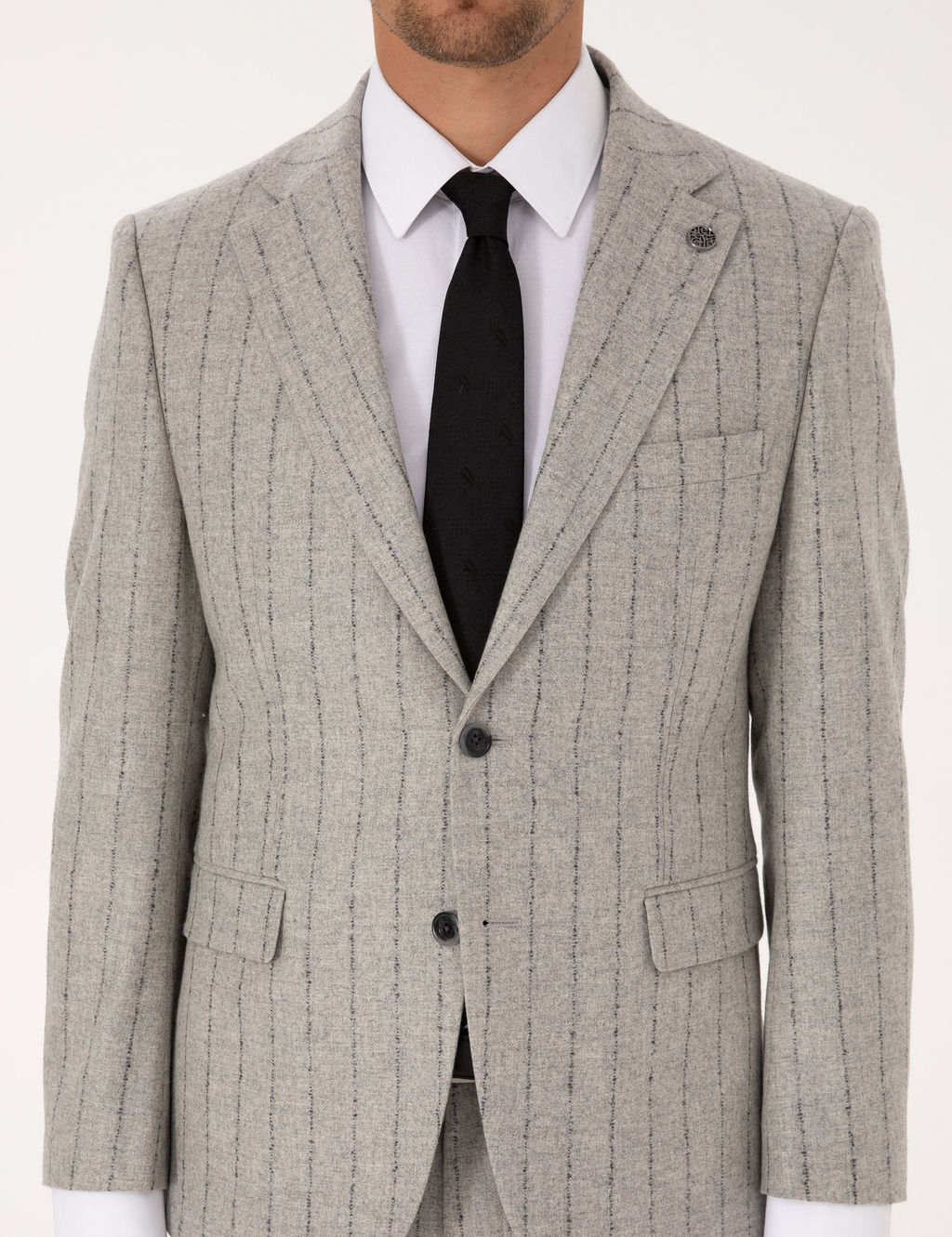 Gri Slim Fit Y_n Ka_mir Kar___ml_ _izgili Tak_m Elbise