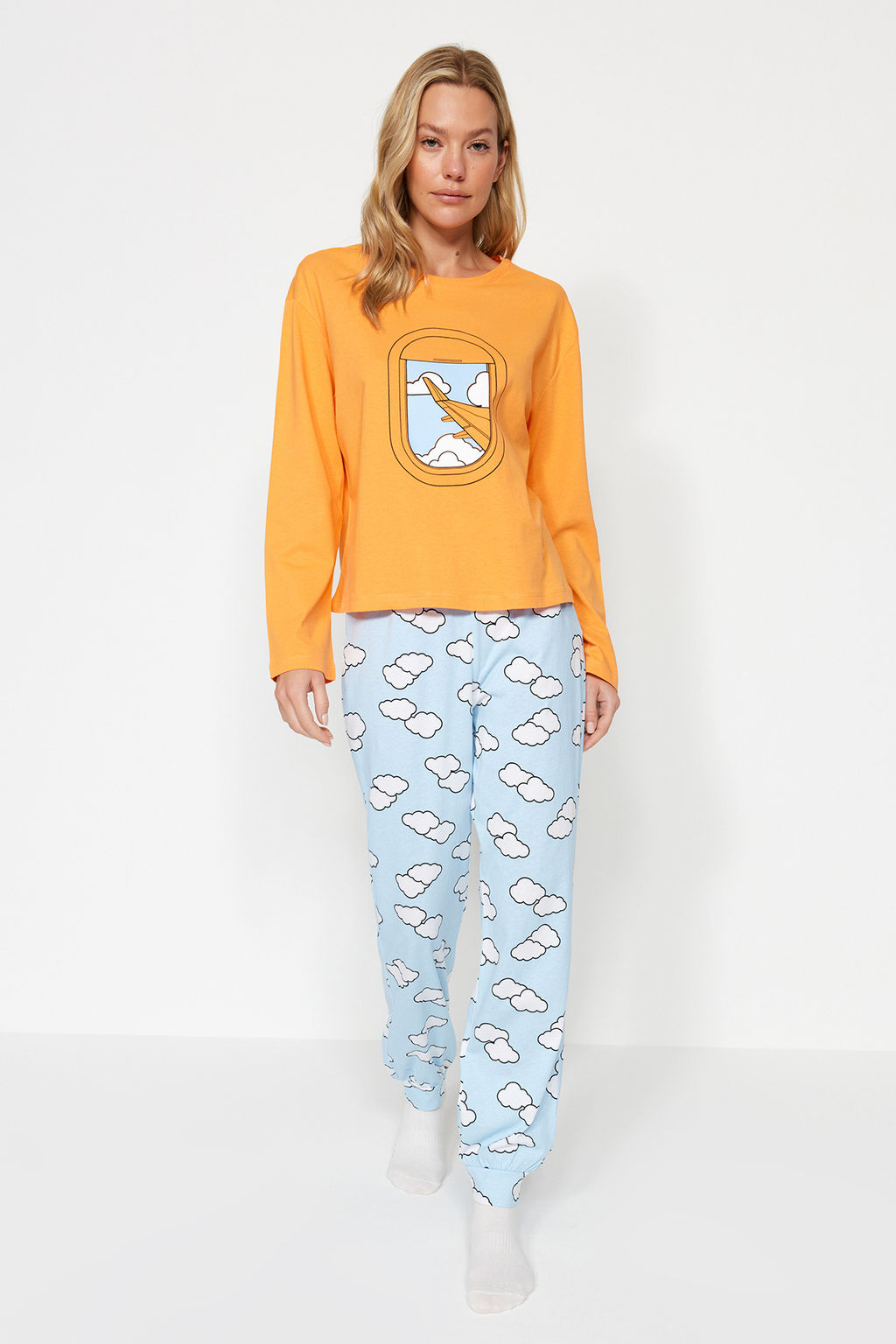 Turuncu %100 Pamuklu Bulut Desenli Tshirt-Jogger Orme Pijama Tak?m? THMAW24PT00005 - Trendyolmilla фото 3