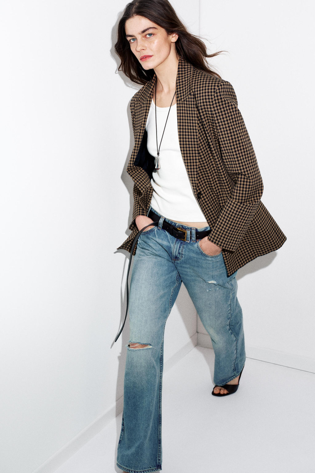 BLAZER OVERSIZE CUADRO VICHY / Beige-marro - Zara фото 3