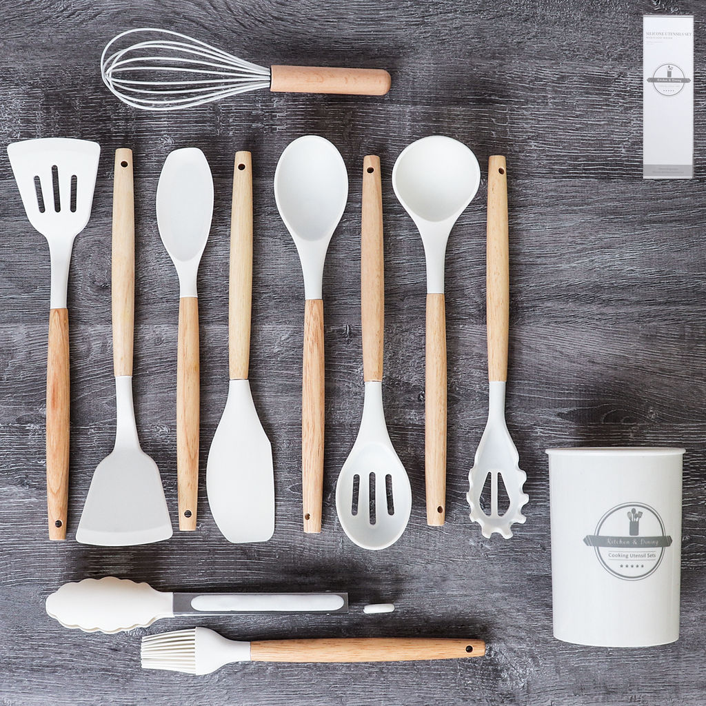 Кухонный набор 12 предметов в подставке/ KNA-140 /уп 16/ приборы силикон/дерево /0,8/Молочный - Галеонтрейд фото 6