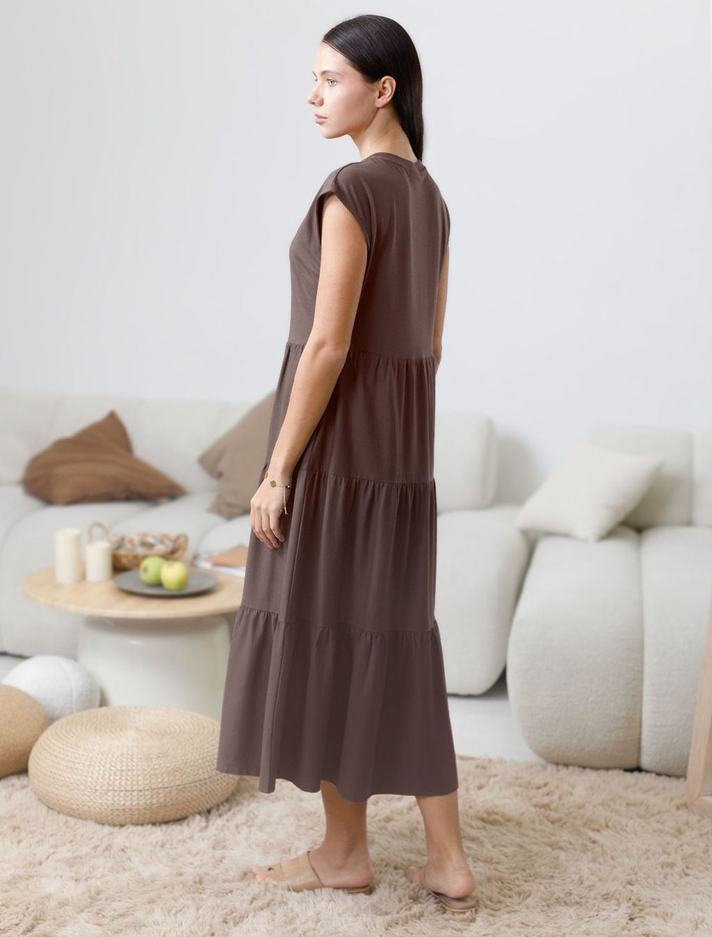 Ярусное платье А силуэта с V вырезом из 100% премиального хлопка - Vilatte фото 3