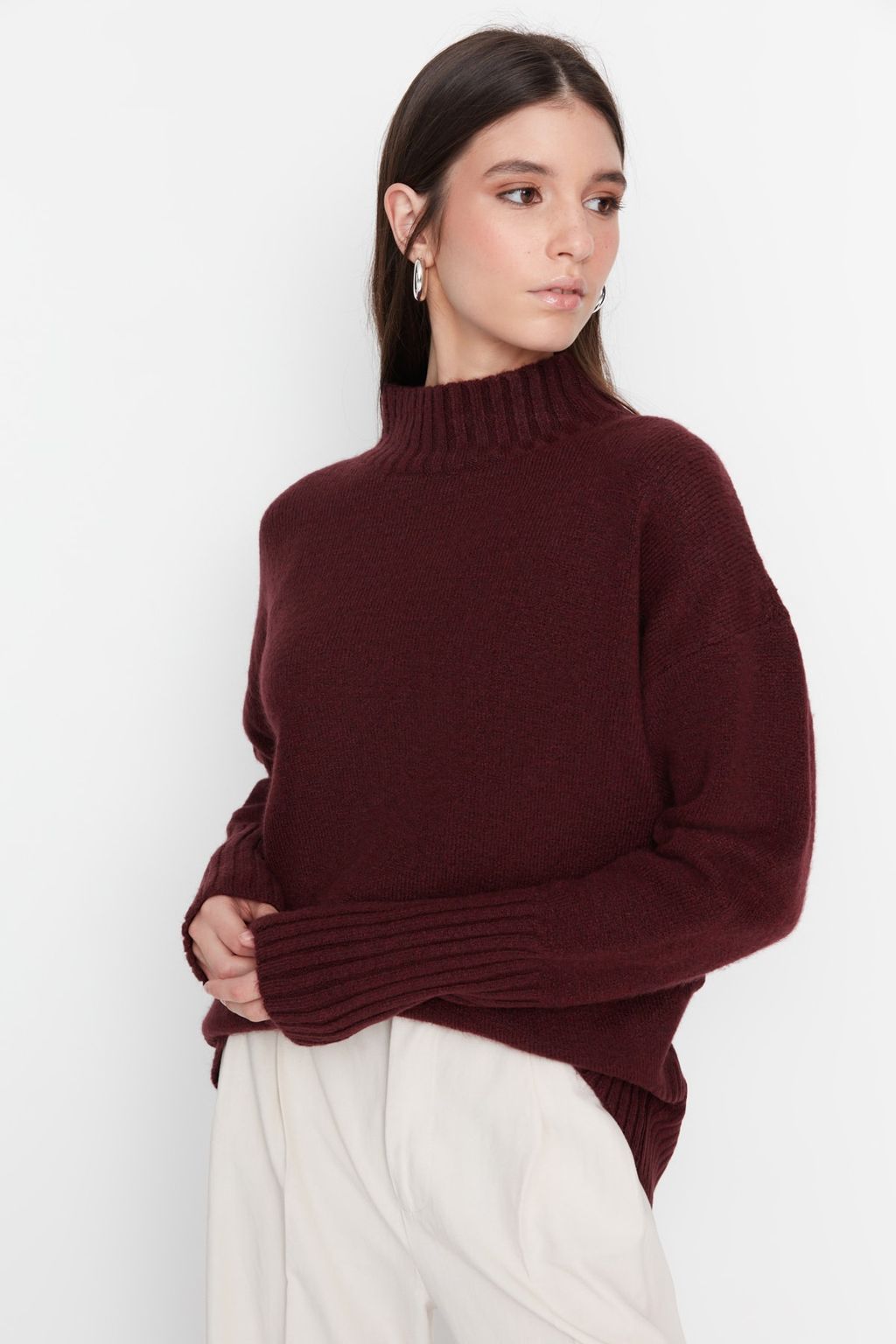 Bordo Genis Kal?p Yumusak Dokulu Basic Triko Kazak TWOAW23KZ00490
