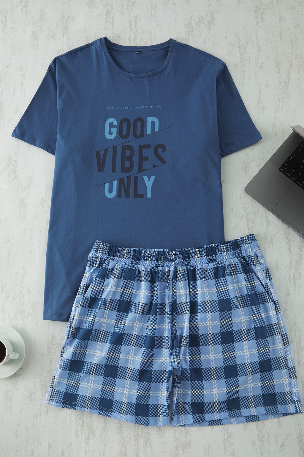 TRENDYOL MAN Mavi Regular Fit Ekose Sortlu Orme Buyuk Beden Pijama Tak?m? TMNSS25AI00002 - Trendyolmilla фото 2