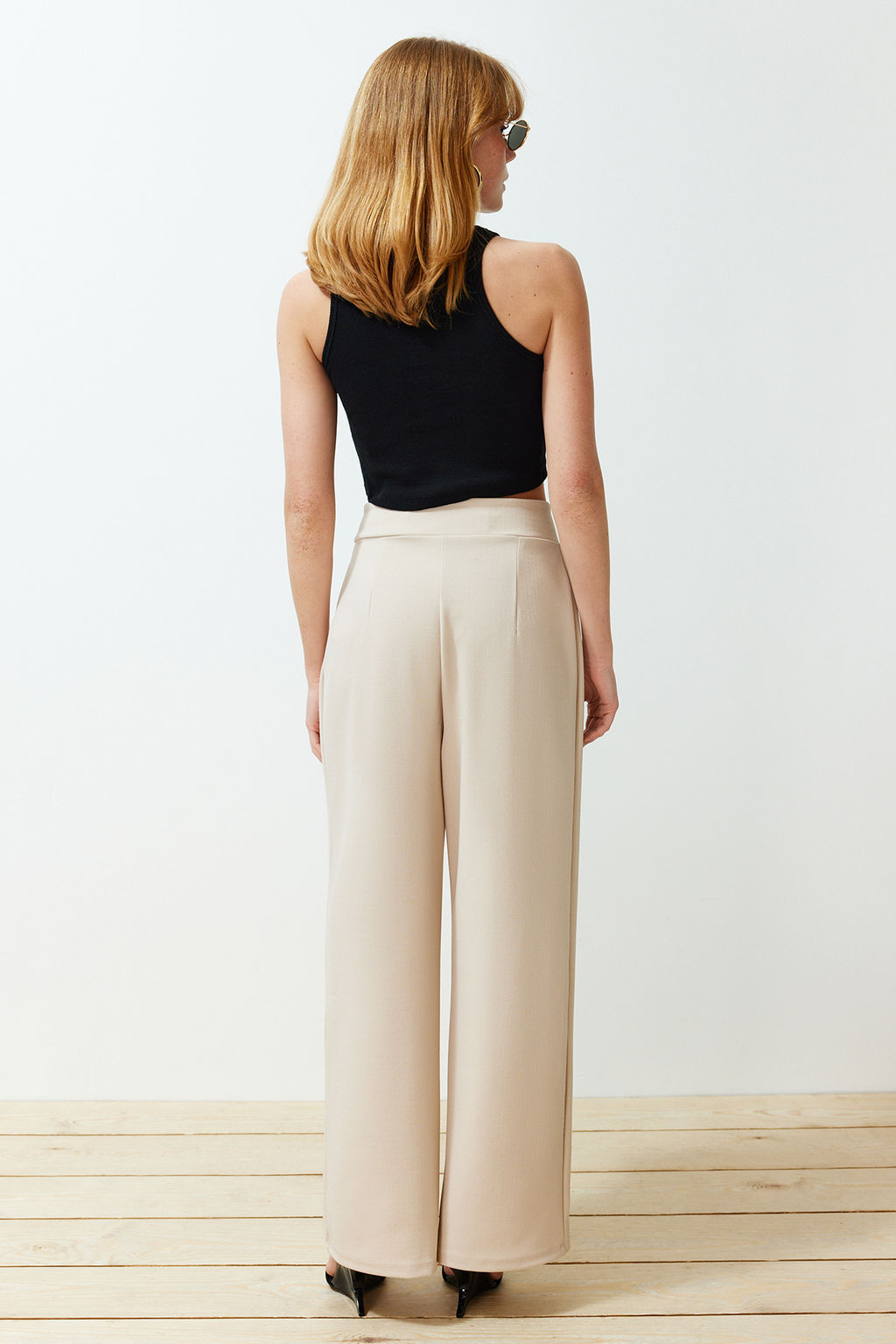 TRENDYOLMILLA Siyah C?rt C?rt Kapamal? Yuksek Bel Pileli Wide Leg/Genis Kesim Orme Pantolon TWOAW24PL00177 фото 11