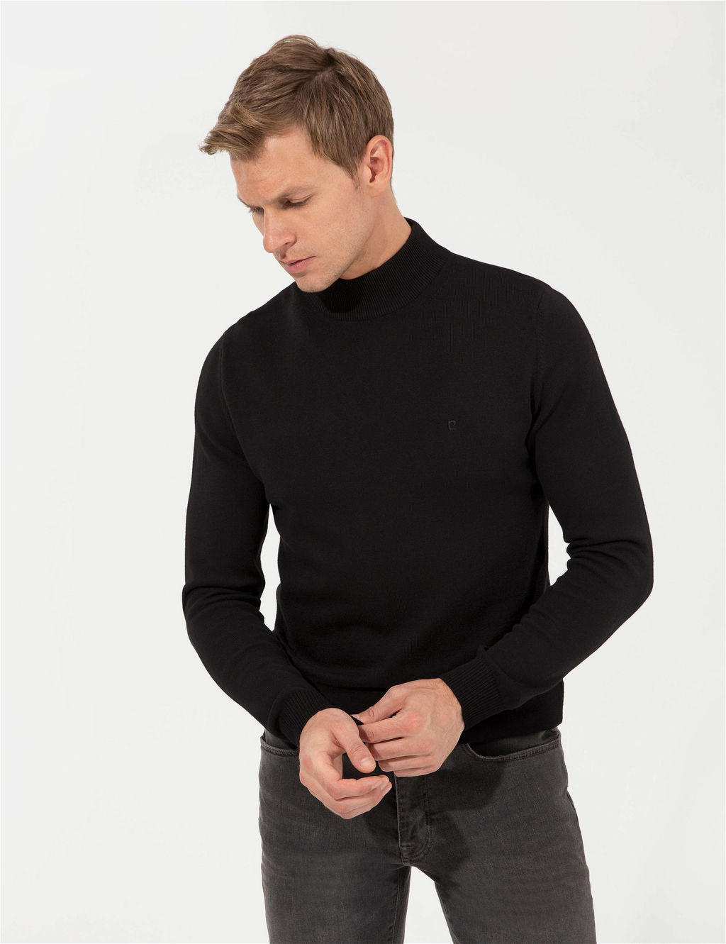 Siyah Slim Fit Yar_m Bal_k__ Yaka Basic Triko Kazak