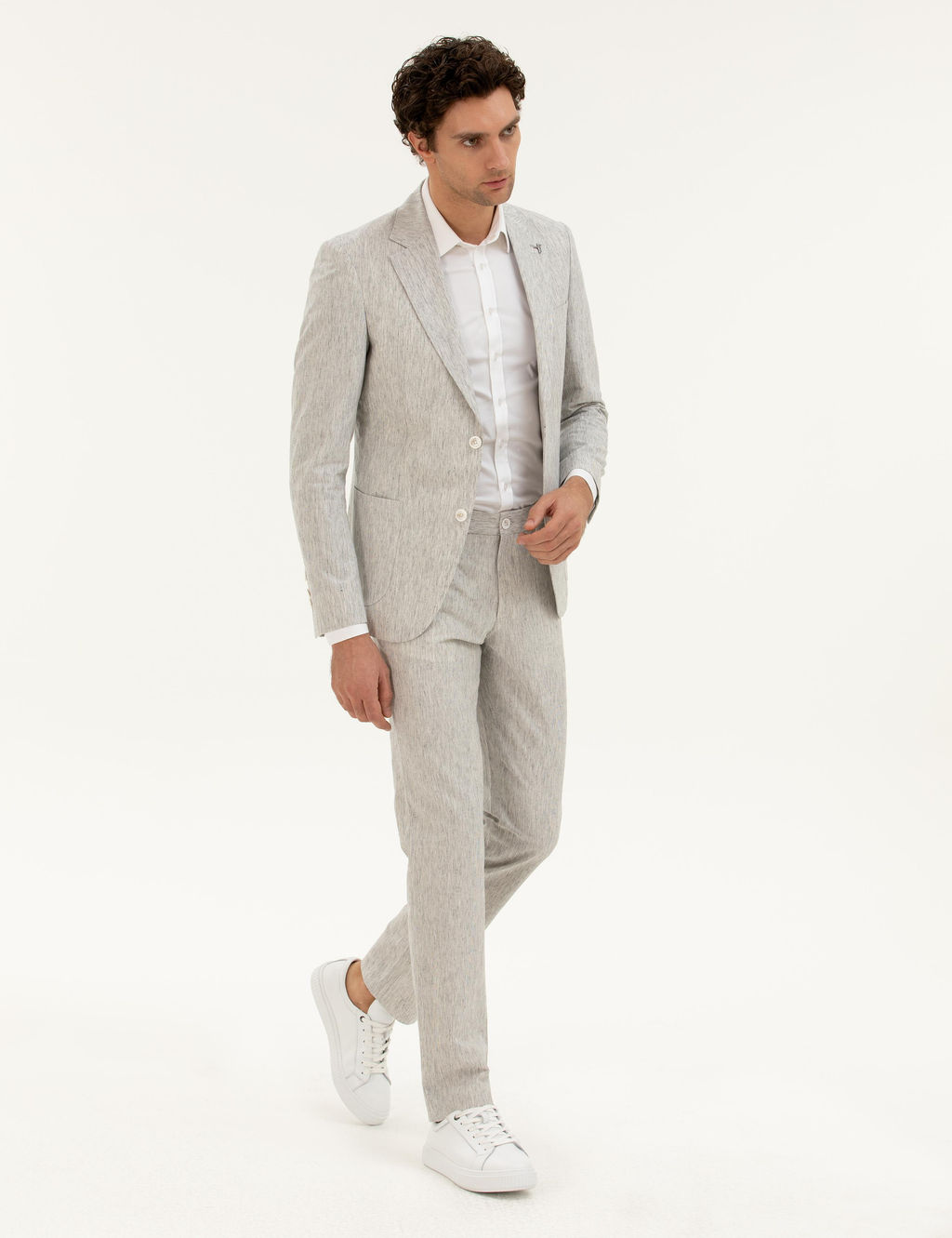 A__k Gri Slim Fit Keten Kar___ml_ Ceket