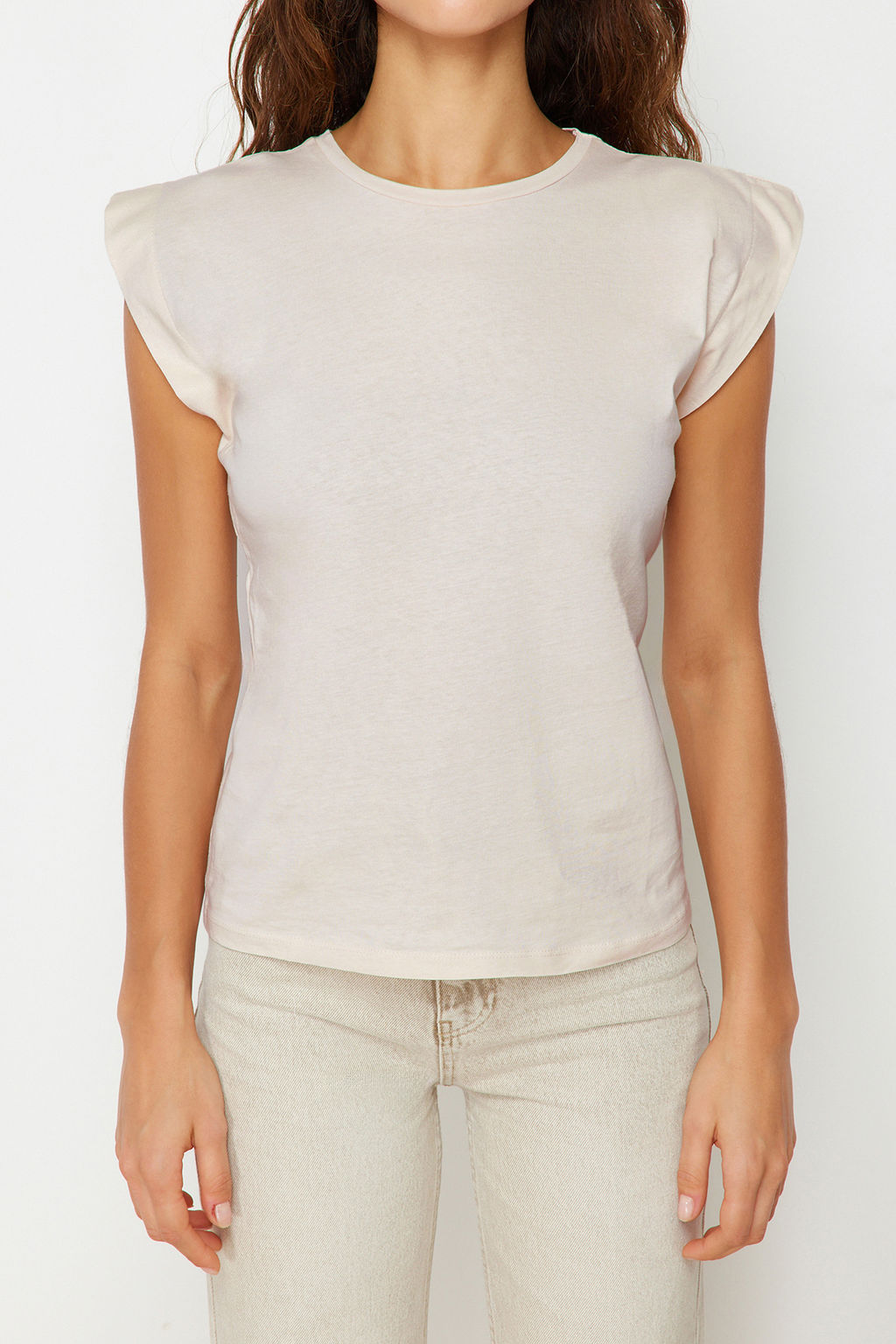 Bej %100 Pamuk Vatka Gorunumlu Basic Bisiklet Yaka Orme T-Shirt TWOSS20TS0021