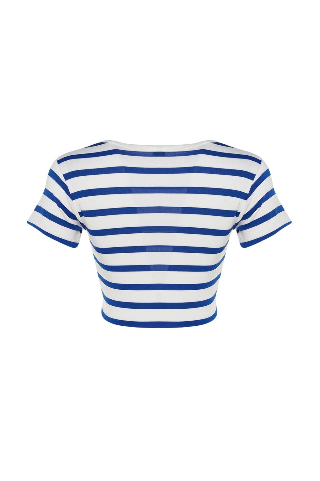 Premium Saks Ekru Cizgili Viskoz/Yumusak Kumas Crop Bisiklet Yaka Esnek Orme Bluz TWOSS23BZ00198