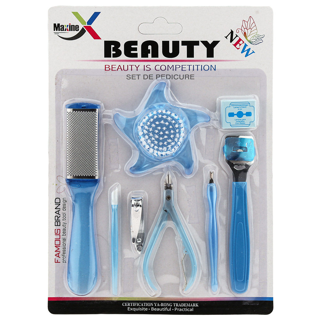 Педикюрный набор 8 предметов: кусачки-книпсер; терка двусторонняя: наждачная, металлическая; станок (скребок) с лезвием; сменные лезвия - 3 штуки; триммер; кусачки-щипчики; пушер-лопатка для кутикулы; щетка, цвета в ассортименте: розовый, голубой, в - Beauty фото 2