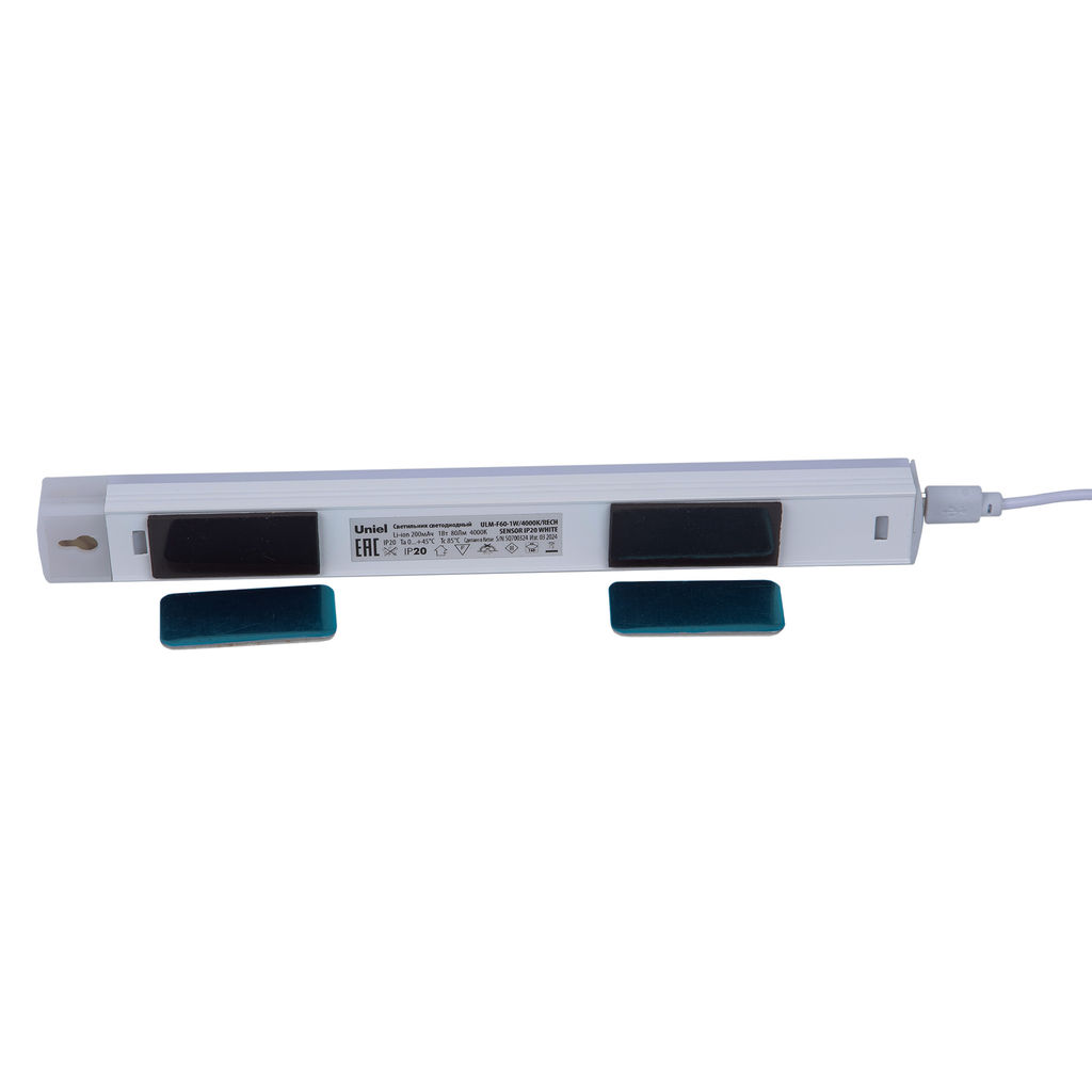 ULM-F60-1W/4000K/RECH SENSOR IP20 WHITE Светильник светодиодный для мебели с сенсором движения и освещенности. Аккумуляторный (в/к). 200мм, 80лм. ТМ Uniel