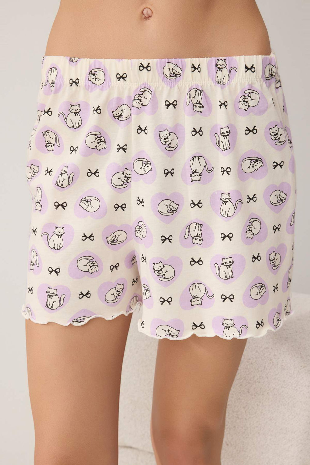Lila %100 Pamuklu Kedi ve Kurdele Bask?l? Orme Pijama Tak?m? THMSS26PT00173