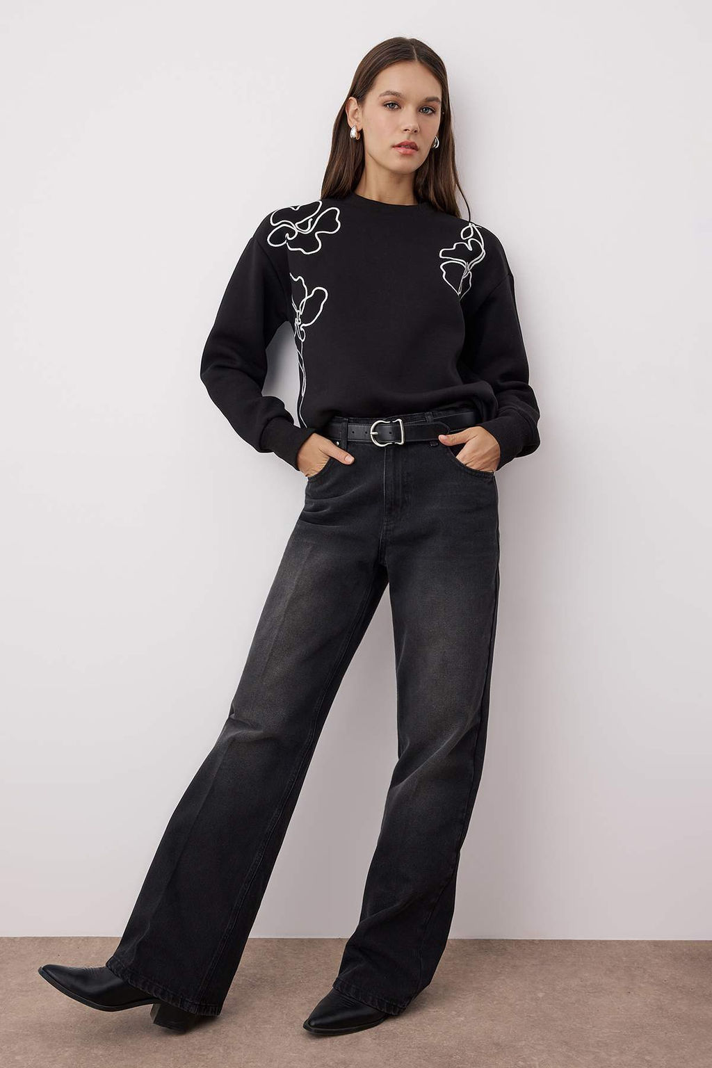 Siyah Orme Nak?sl? Oversize/Genis Kal?p Sweatshirt TWOAW26SW00052