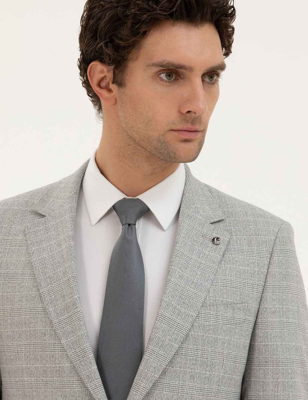 A__k Gri Slim Fit Kareli Tak_m Elbise