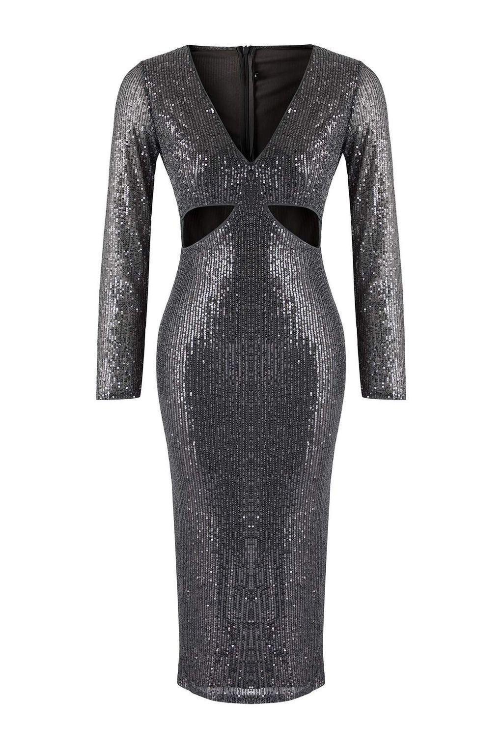 Antrasit Cut Out Detayl? Orme Payet Midi Astarl? S?k/Gece Elbise