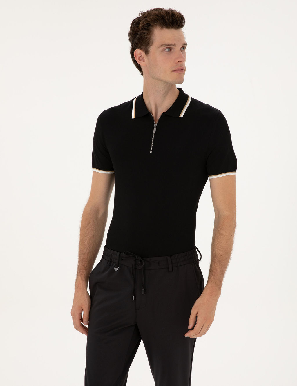 Siyah Slim Fit Polo Yaka Fermuarl_ Triko Kazak - Pierre cardin фото 3