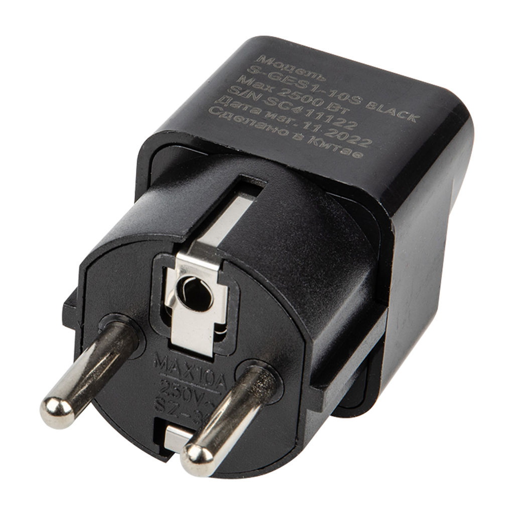 S-GES1-10S BLACK Переходник сетевой, 10А, 2500Вт, с заземлением. Черный. ТМ Uniel