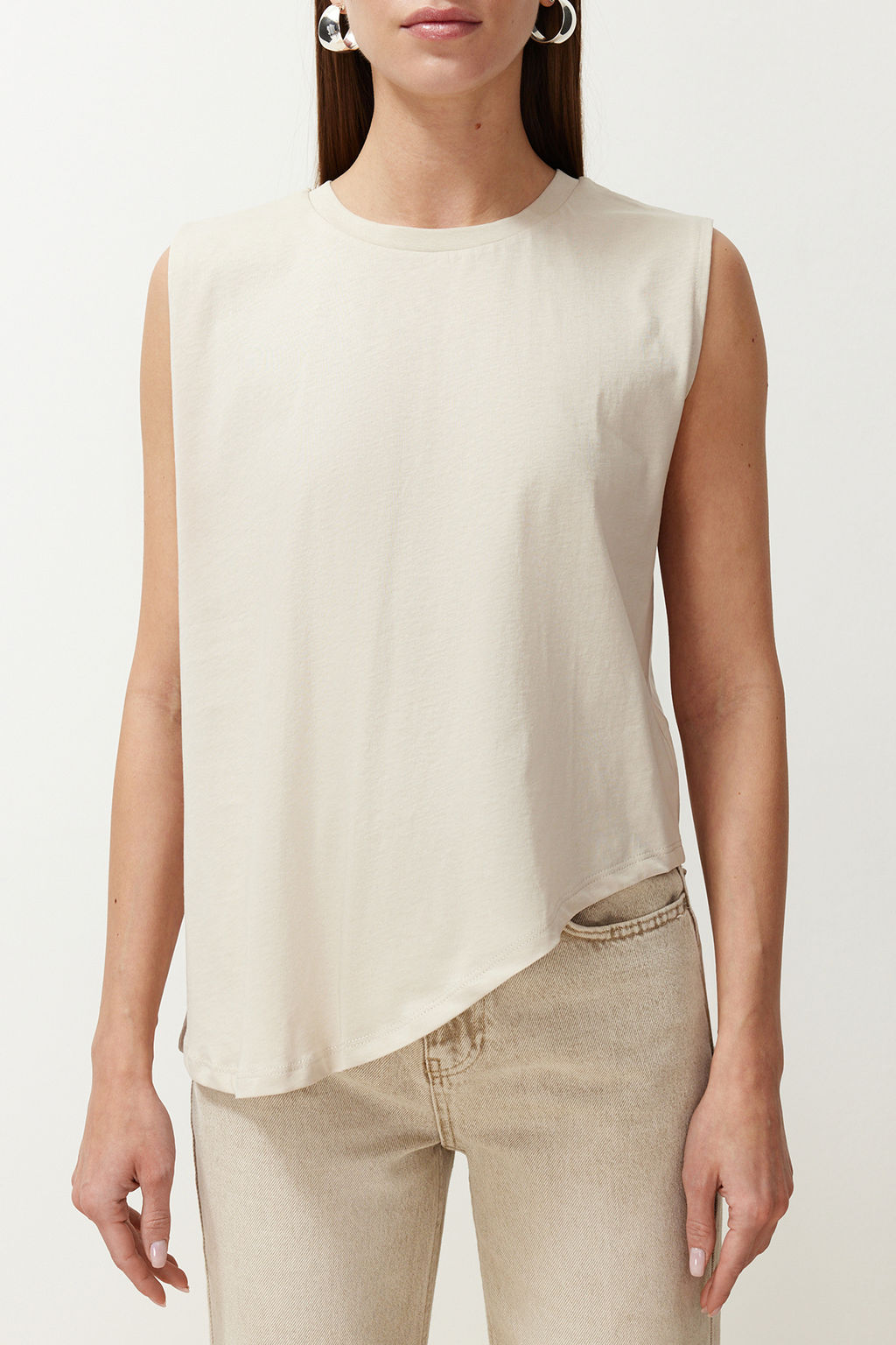 Tas More Sustainable %100 Pamuk Etek Ucu Asimetrik Bisiklet Yaka Orme T-Shirt TWOSS24TS00156