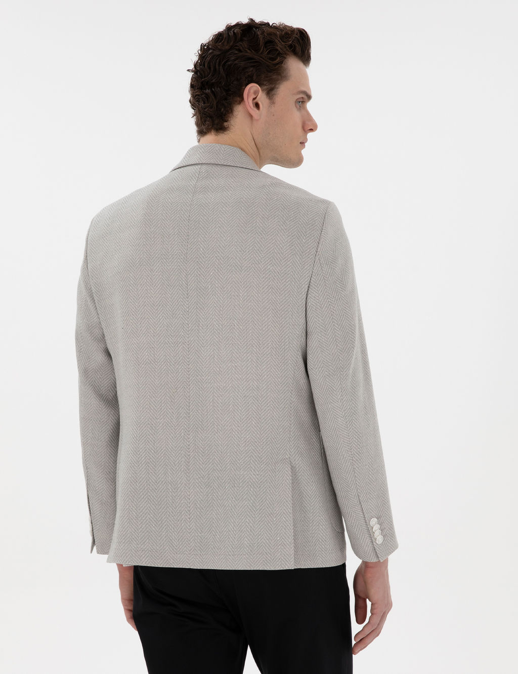A__k Gri Slim Fit Y_n Keten Kar___ml_ Ceket