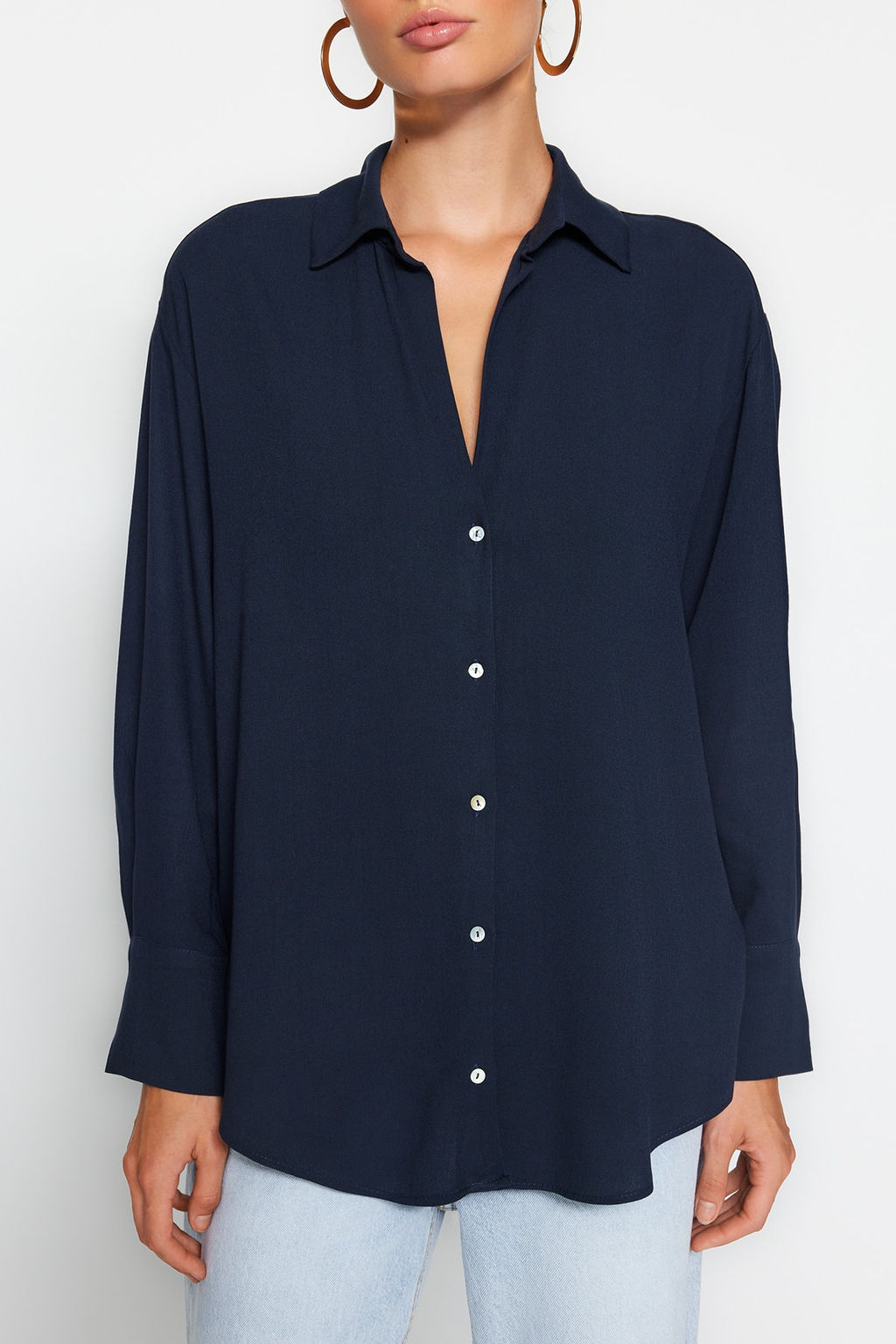 Lacivert Basic Oversize Genis Kal?p Dokuma Gomlek TWOAW24GO00207