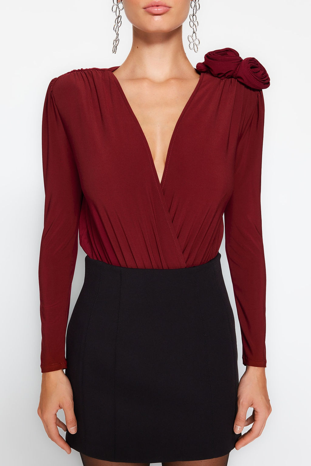 Bordo Kruvaze Yaka Gul Aksesuar Detayl? Y?lbas? Body TPRAW24BD00012