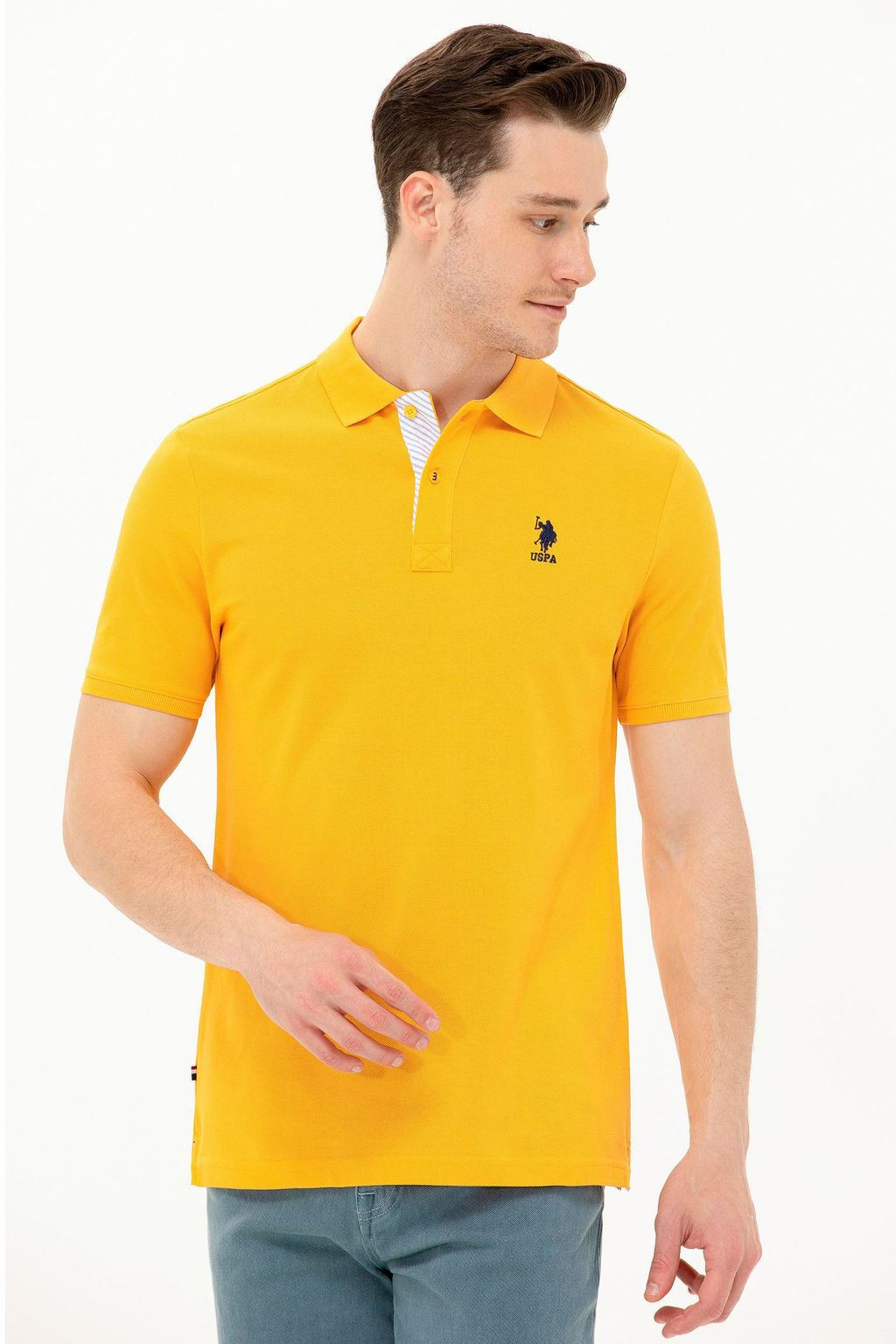 Мужская желтая базовая футболка с воротником поло - U.s. polo assn фото 4