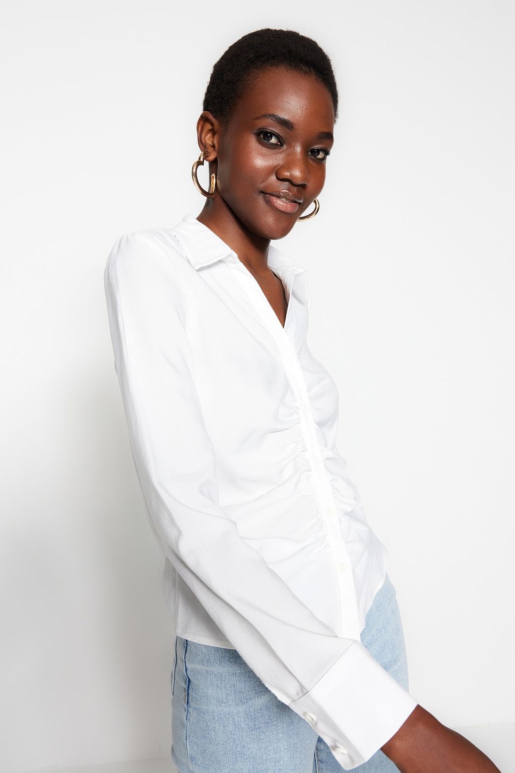 TRENDYOLMILLA Mavi Buzgulu Fitted/Dar Kesim Dokuma Gomlek TWOSS23GO00177  фото 2