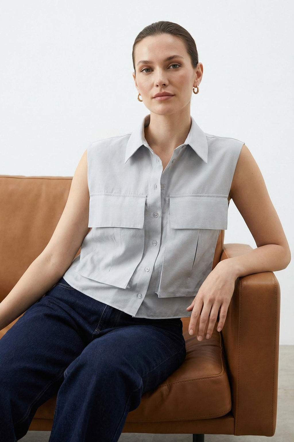 TRENDYOLMILLA Beyaz Utility Cep Detayl? S?f?r Kol Regular kal?p Dokuma Gomlek TWOSS25GO00041  фото 16