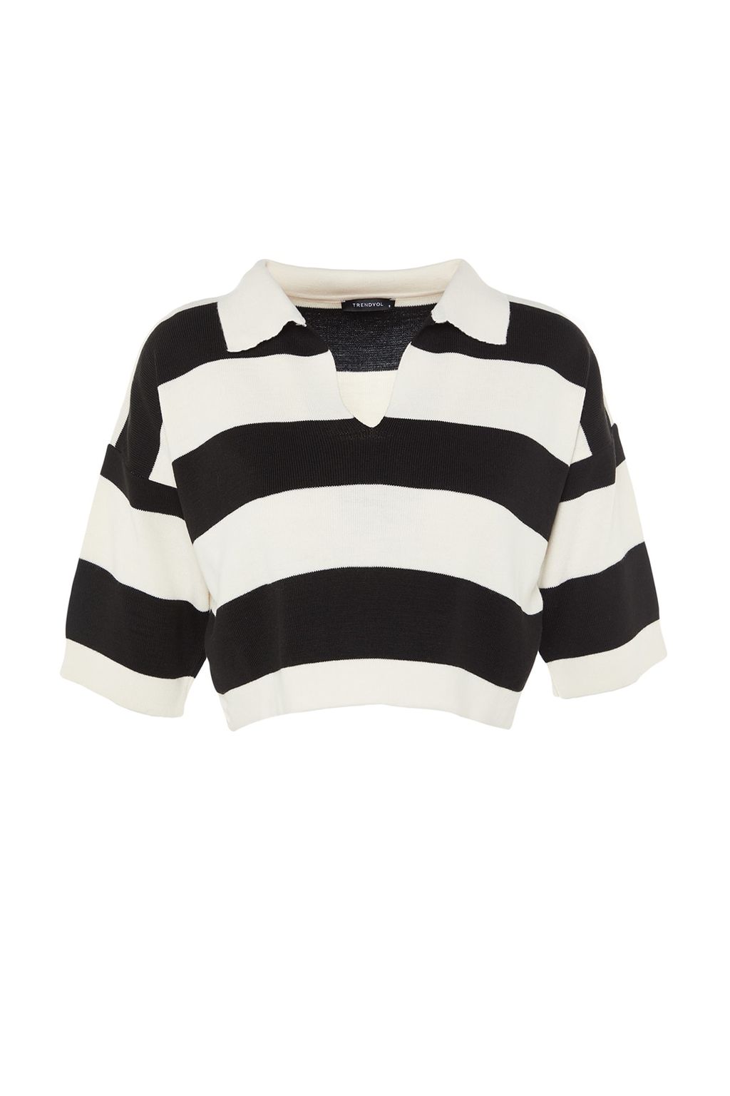 Siyah Crop Polo Yaka Basic Cizgili Ince Triko Bluz TWOSS23KZ00010 - Trendyolmilla фото 7