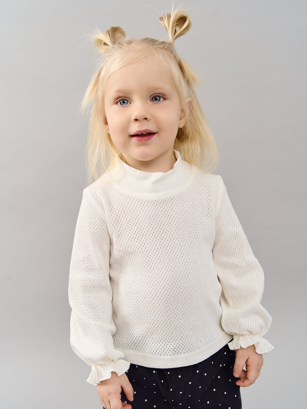 Лонгслив с воротником-стойкой Молоко из ажурного хлопка 0+ - Bungly фото 9