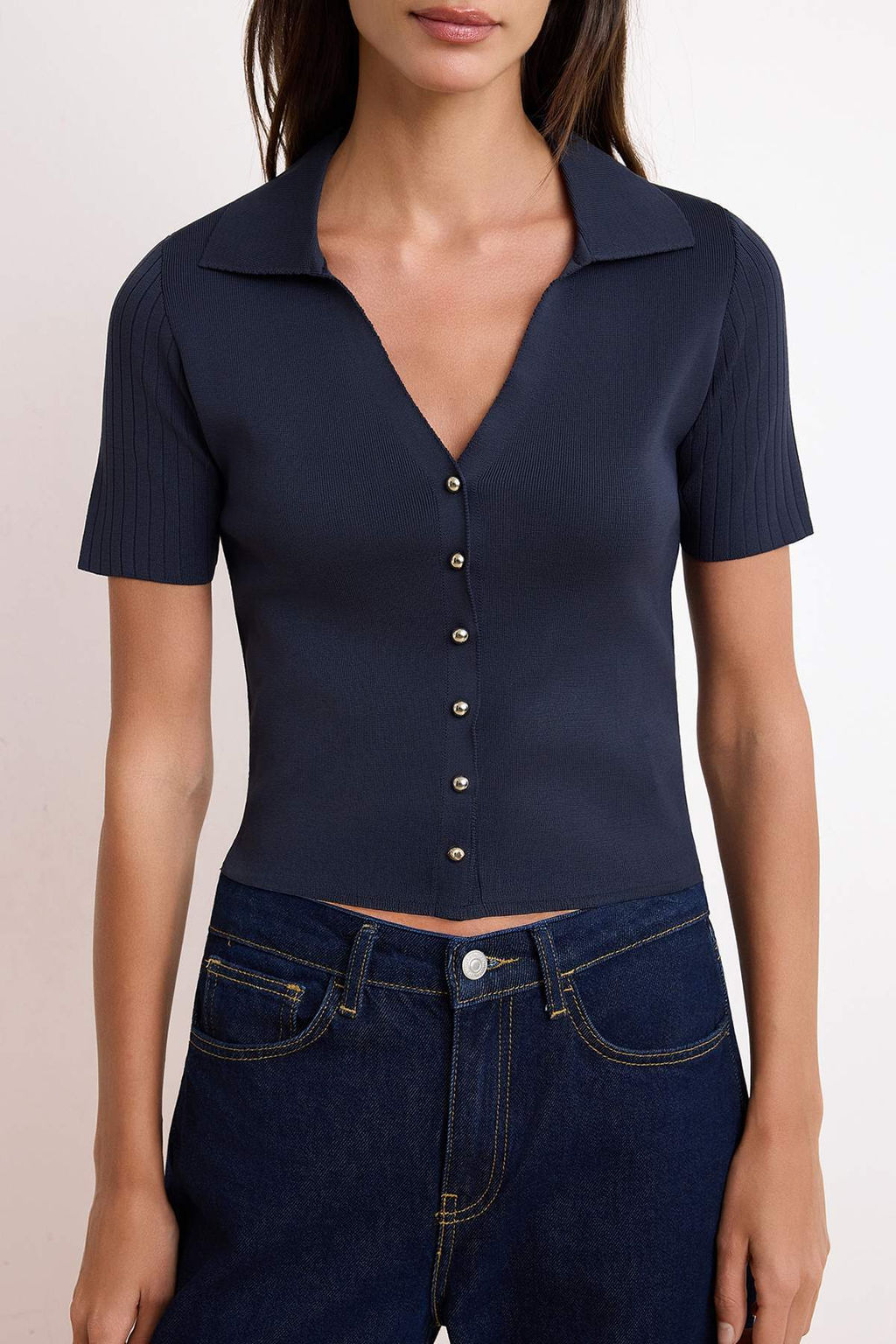 Lacivert-Ekru Ikili Paket Cizgili Basic Bluz TWOSS26BZ00284