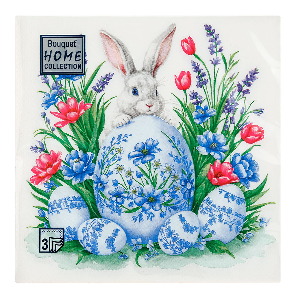 Салфетки бумажные Bouquet Home Collection Classic 33х33см, 3-х слойные, 20 штук в упаковке, 100% целлюлоза, Кролик с пасхальным яйцом (Россия)  фото 2