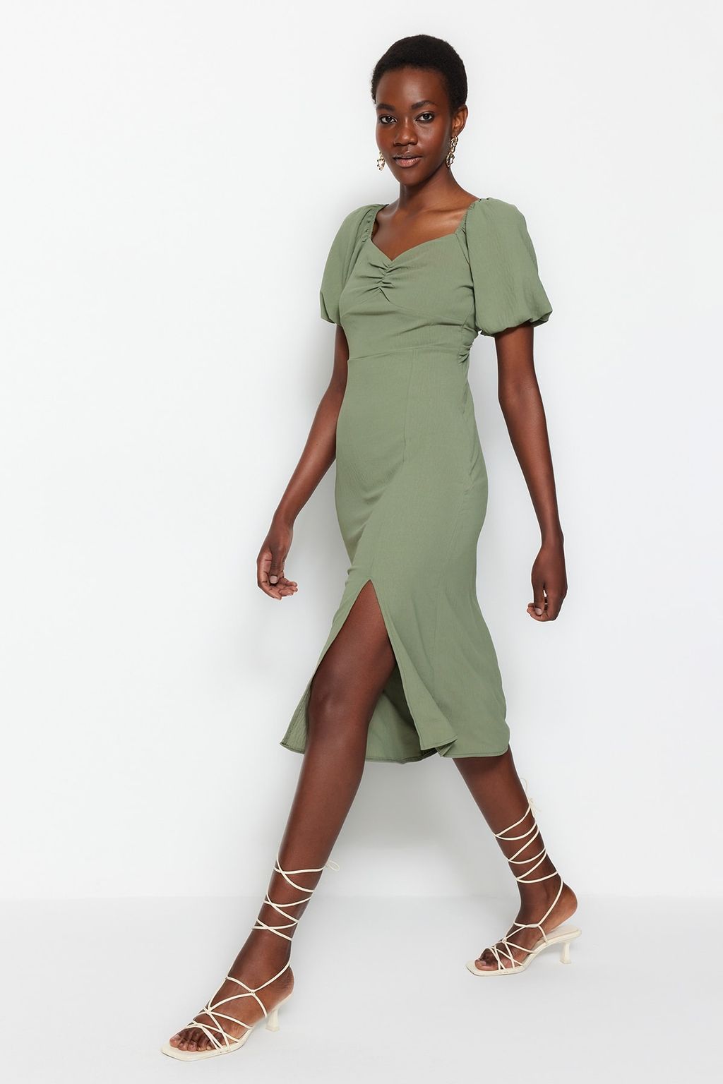 Haki Vucuda Oturan Y?rtmacl? S?rt Detayl? Midi Dokuma Dokuma Elbise TWOSS23EL01164 - Trendyolmilla фото 2