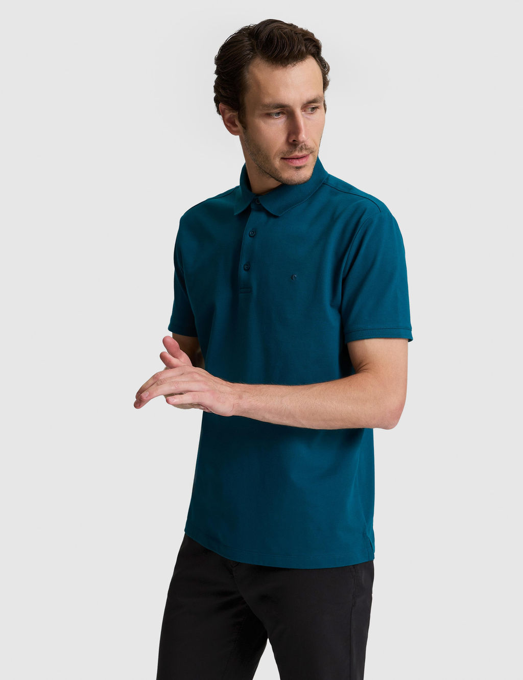 Petrol Mavi Slim Fit Pamuk Kar___ml_ D__meli Polo Yaka Basic T-shirt