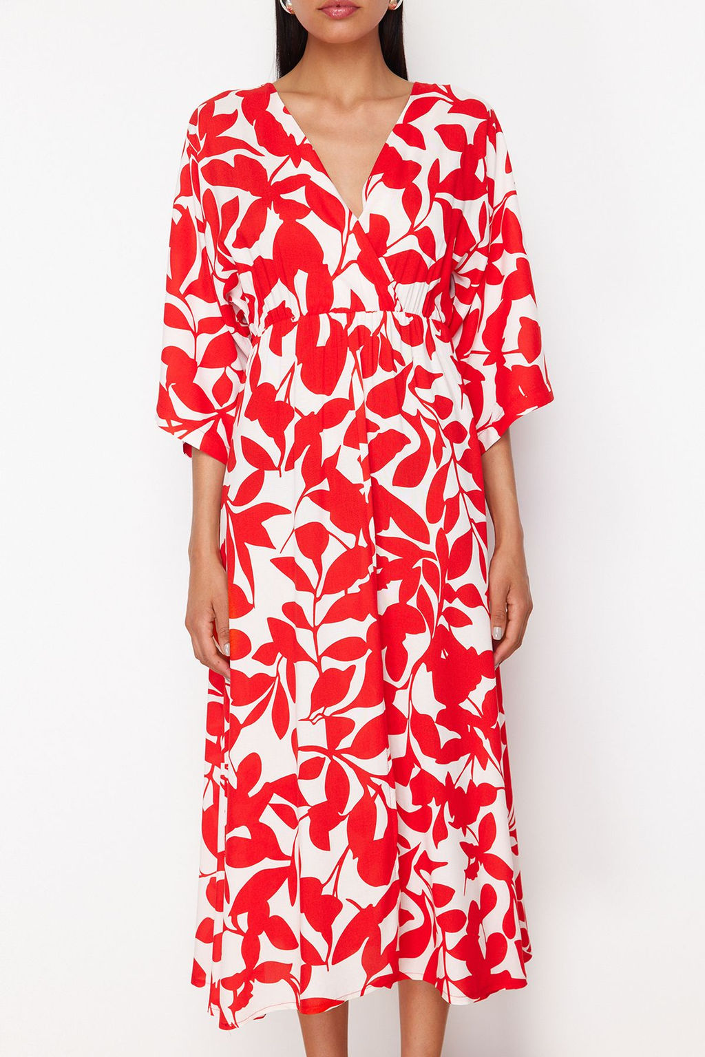 K?rm?z? Sal Desen A Kesim Kruvaze Yaka Midi Dokuma Elbise DWOSS24EL00913