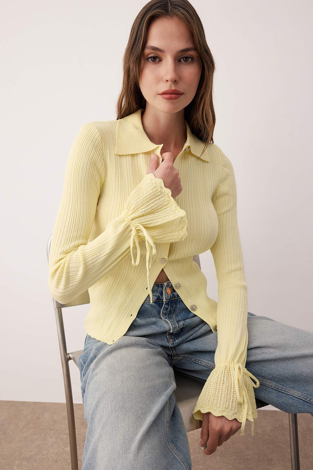 Sar? Merserize Gorunumlu Fitilli Polo Yaka Triko H?rka TWOAW26HI00111