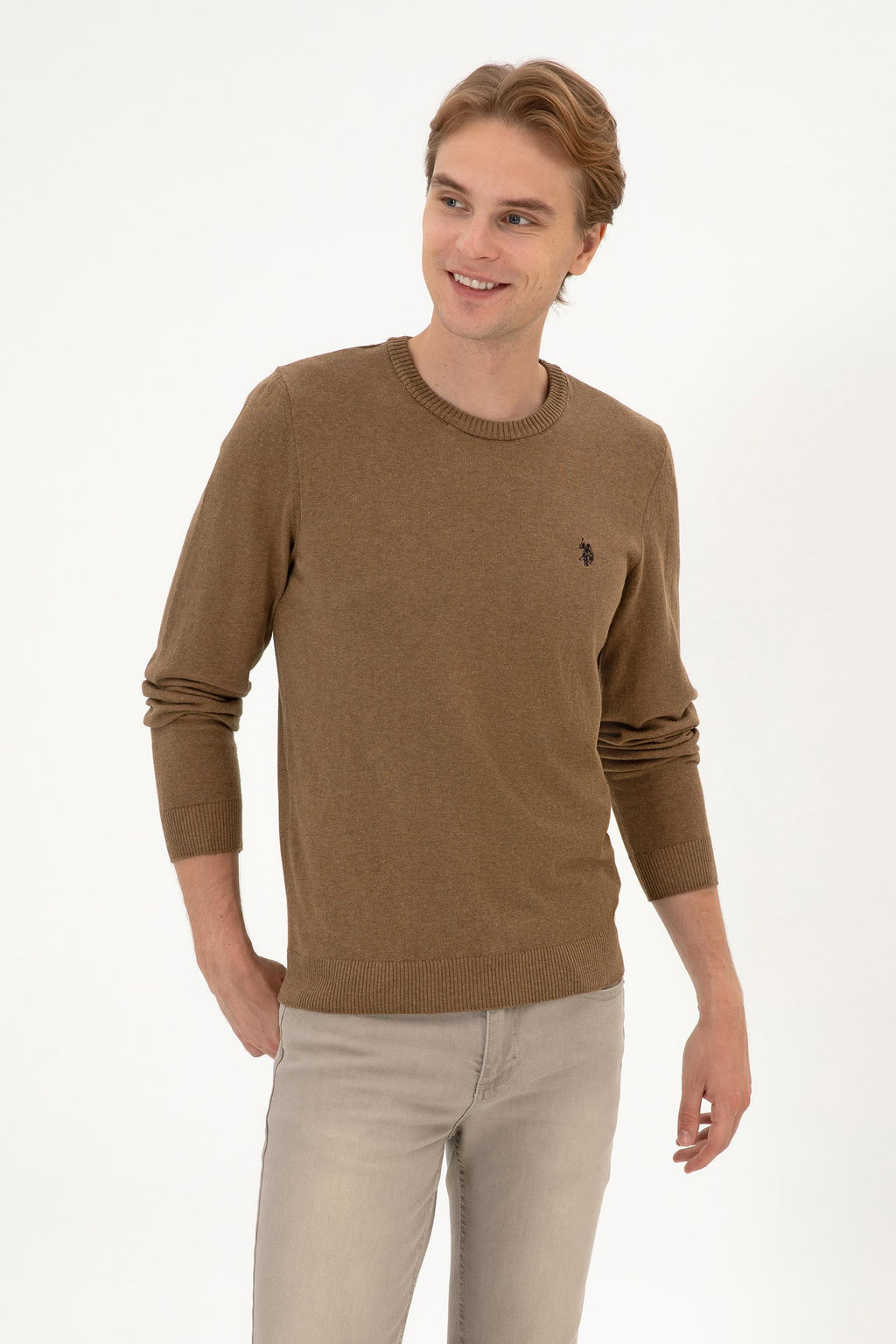 Джемпер U.S. Polo Assn Slim Fit хаки меланж из хлопка