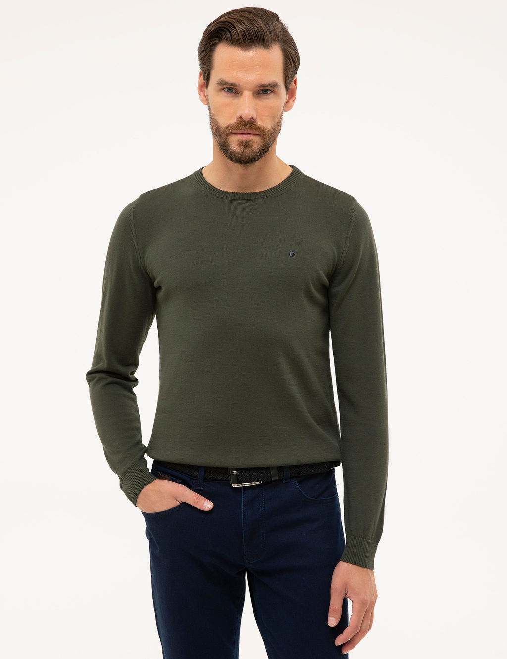 Ye_il Slim Fit Bisiklet Yaka Basic Triko Kazak